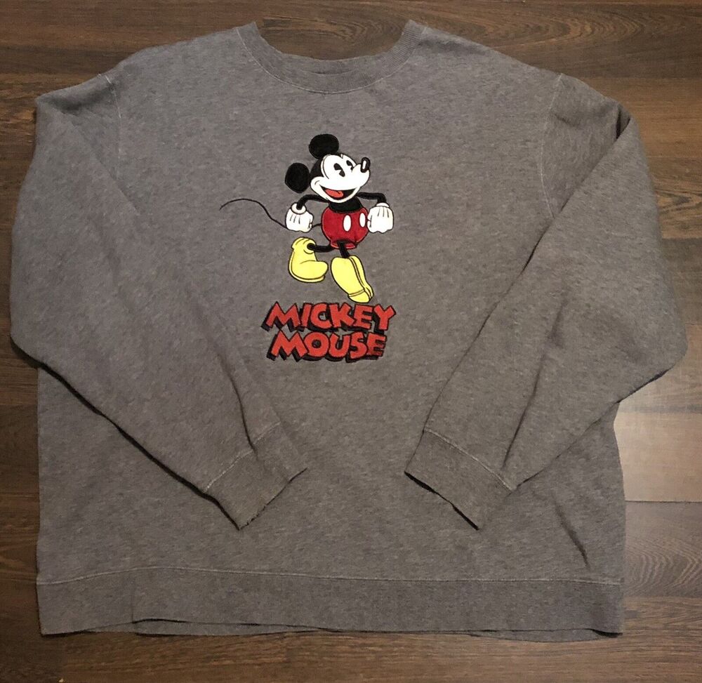 Disney Mickey Mouse Pullover Gray Sweater Embroidered Classic Retro Men's L
